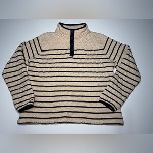 Orvis Quilted 1/4 Quarter Snap Sweatshirt Mens L Beige/Navy Stripped Pullover